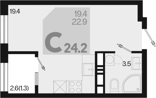 Планировка — Первое место, Студия, 23 м²