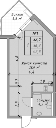 Планировка — Оазис Азова, Студия, 36 м²