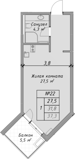 Планировка — Оазис Азова, Студия, 32 м²