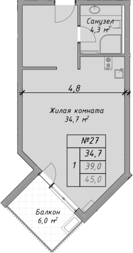 Планировка — Оазис Азова, Студия, 39 м²