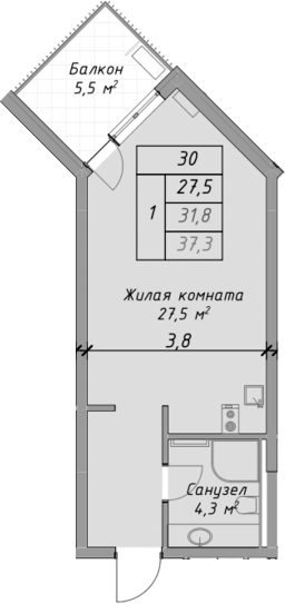 Планировка — Оазис Азова, Студия, 32 м²