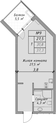 Планировка — Оазис Азова, Студия, 32 м²
