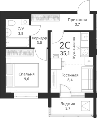 Планировка — Виноград, 2-комн., 33 м²