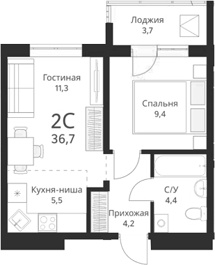Планировка — Виноград, 2-комн., 35 м²