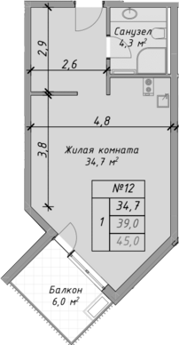 Планировка — Оазис Азова, Студия, 39 м²