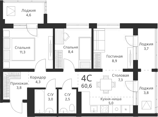 Планировка — Виноград, 4-комн., 55 м²