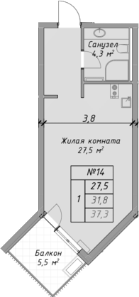 Планировка — Оазис Азова, Студия, 32 м²