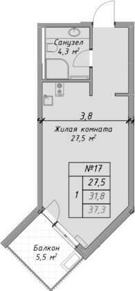 Планировка — Оазис Азова, Студия, 32 м²