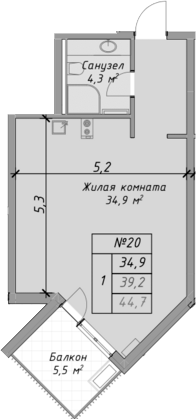 Планировка — Оазис Азова, Студия, 39 м²