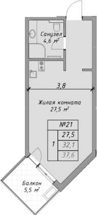 Планировка — Оазис Азова, Студия, 32 м²