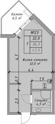 Планировка — Оазис Азова, Студия, 36 м²