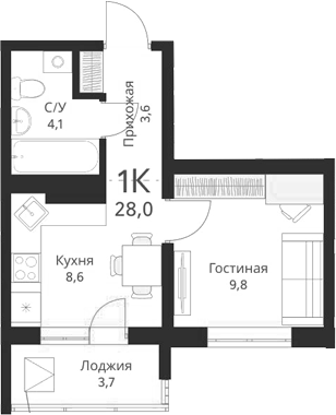 Планировка — Виноград, 1-комн., 26 м²