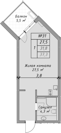 Планировка — Оазис Азова, Студия, 32 м²