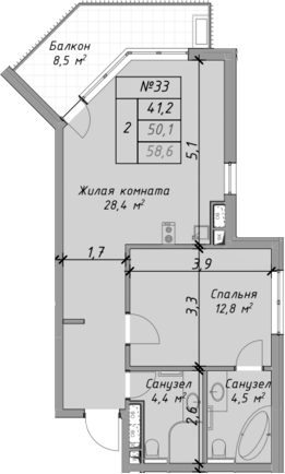 Планировка — Оазис Азова, 2-комн., 50 м²