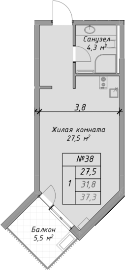 Планировка — Оазис Азова, Студия, 32 м²
