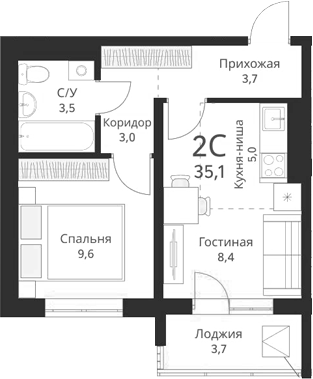 Планировка — Виноград, 2-комн., 33 м²