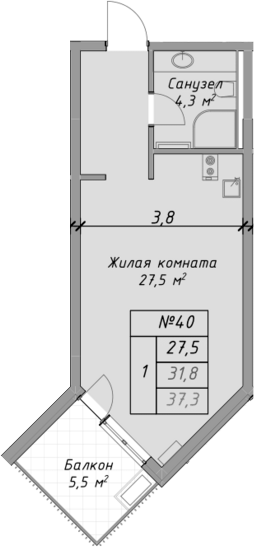 Планировка — Оазис Азова, Студия, 32 м²