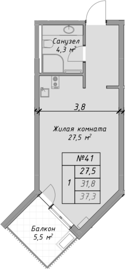 Планировка — Оазис Азова, Студия, 32 м²