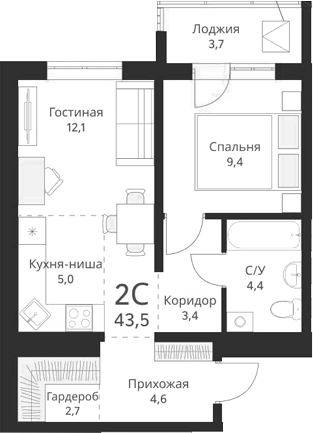Планировка — Виноград, 2-комн., 42 м²