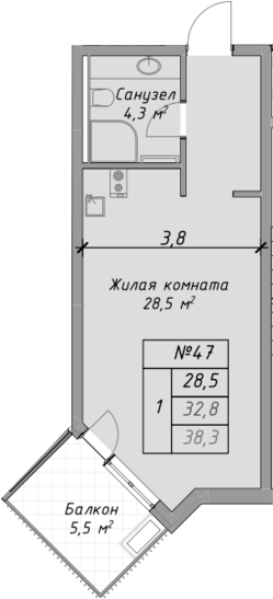 Планировка — Оазис Азова, Студия, 33 м²