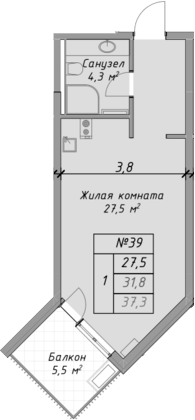 Планировка — Оазис Азова, Студия, 32 м²