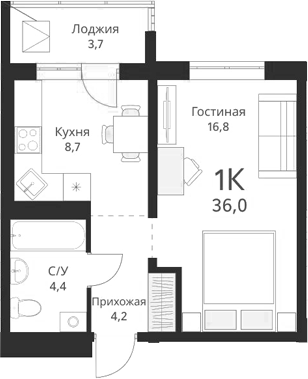 Планировка — Виноград, 1-комн., 34 м²
