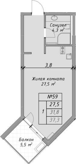 Планировка — Оазис Азова, Студия, 32 м²