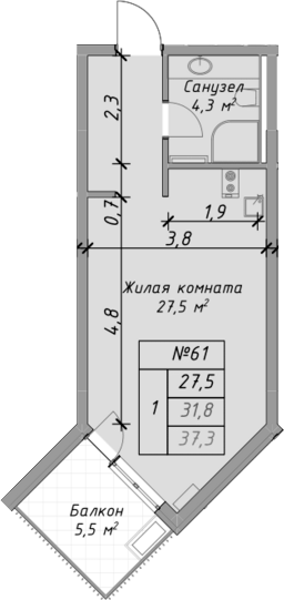Планировка — Оазис Азова, Студия, 32 м²