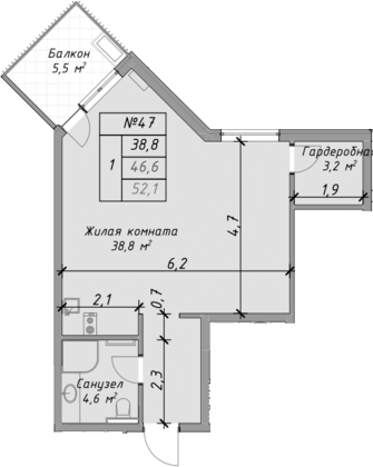 Планировка — Оазис Азова, Студия, 47 м²