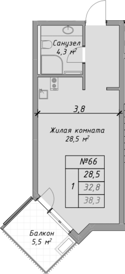 Планировка — Оазис Азова, Студия, 33 м²
