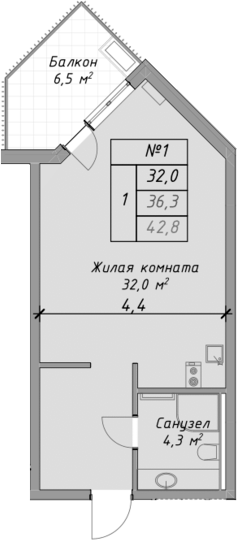 Планировка — Оазис Азова, Студия, 36 м²