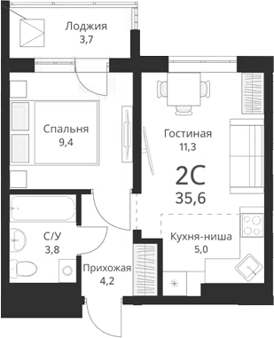Планировка — Виноград, 2-комн., 34 м²
