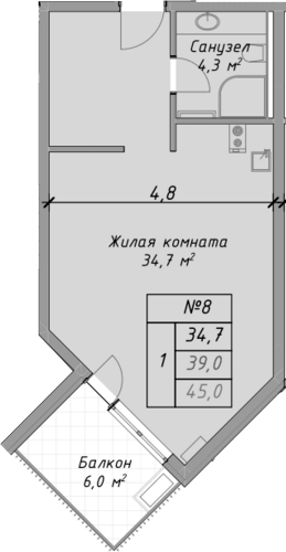 Планировка — Оазис Азова, Студия, 39 м²