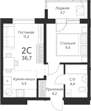 Планировка — Виноград, 2-комн., 35 м²