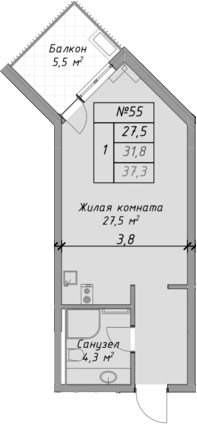 Планировка — Оазис Азова, Студия, 32 м²