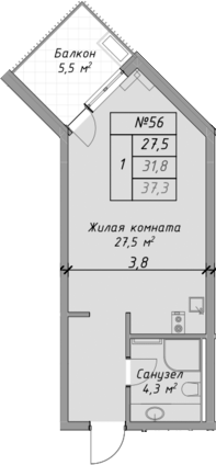 Планировка — Оазис Азова, Студия, 32 м²