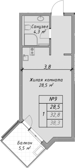 Планировка — Оазис Азова, Студия, 33 м²