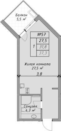 Планировка — Оазис Азова, Студия, 32 м²
