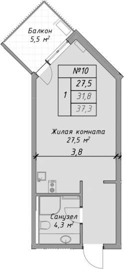 Планировка — Оазис Азова, Студия, 32 м²