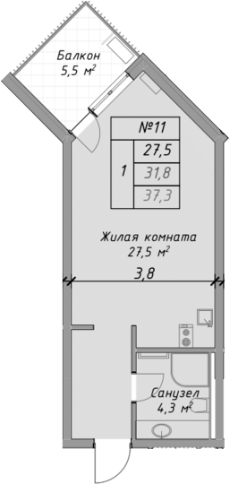 Планировка — Оазис Азова, Студия, 32 м²