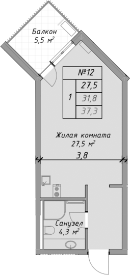 Планировка — Оазис Азова, Студия, 32 м²