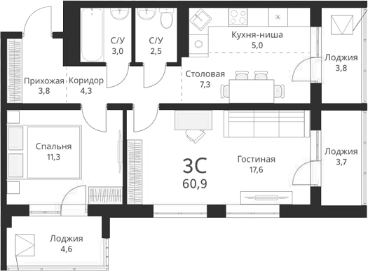 Планировка — Виноград, 3-комн., 55 м²
