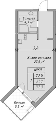 Планировка — Оазис Азова, Студия, 32 м²