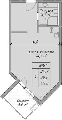 Планировка — Оазис Азова, Студия, 39 м²