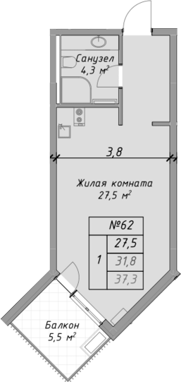 Планировка — Оазис Азова, Студия, 32 м²