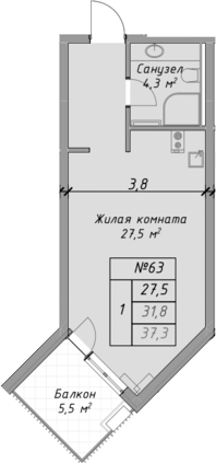 Планировка — Оазис Азова, Студия, 32 м²