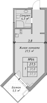 Планировка — Оазис Азова, Студия, 32 м²