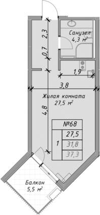 Планировка — Оазис Азова, Студия, 32 м²