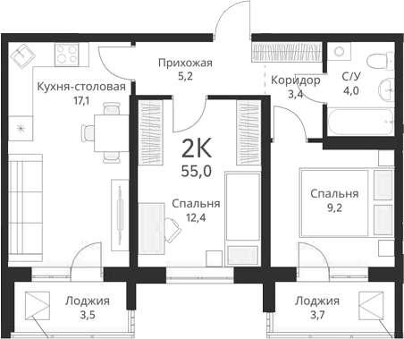 Планировка — Виноград, 2-комн., 51 м²