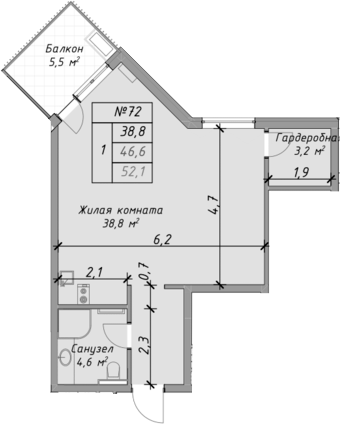 Планировка — Оазис Азова, Студия, 47 м²